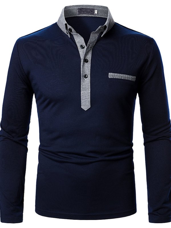 Men'S Color Block Polo Long Sleeve Daily Tops Streetwear Dusty Blue