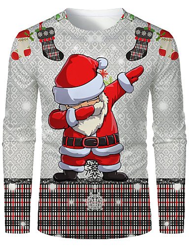 Men'S 3D Graphic T-Shirt Print Long Sleeve Christmas Tops Round Neck Gray