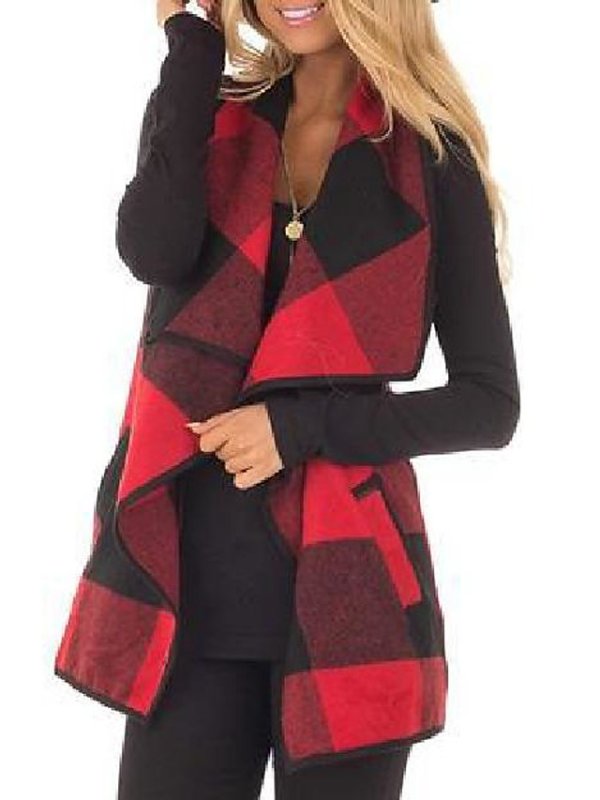 Plaid Vest Women Lapel Open Front Sleeveless Cardigan Outerwear With Pockets
