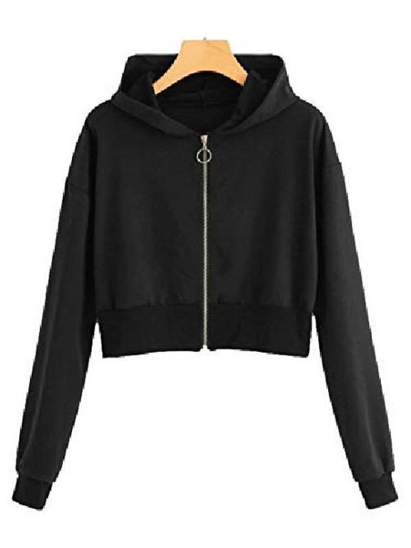 Mulimia Women'S Casual Zip Up Long Sleeve Crop Hooded Jacket Outwear Black Small